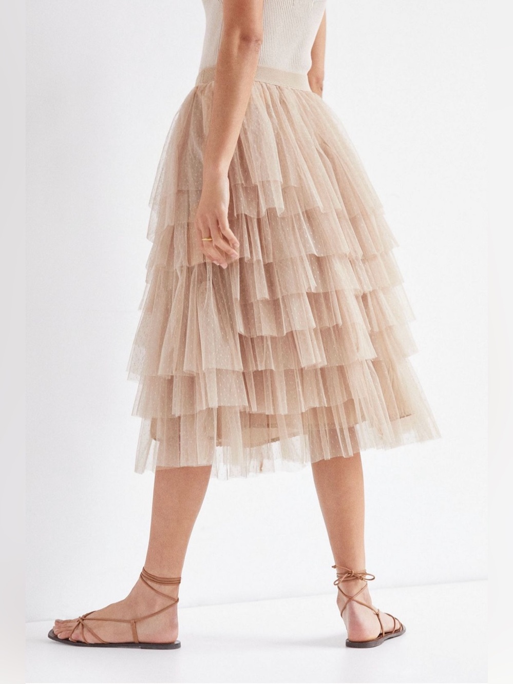 Anthropologie Flounced Tulle Midi Skirt | Beige | Petite Medium | Like New